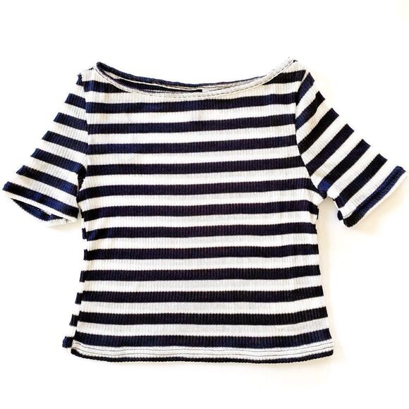 H&M Divided Knit Crop Top Navy Blue & White Stripes Short Sleeve Shirt S - Picture 1 of 9